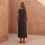 Brown Cotton Flax Wavy Stripe Maxi Shift Dress