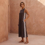 Brown Cotton Flax Wavy Stripe Maxi Shift Dress