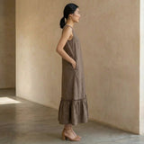 Brown Cotton-Linen A-Line V-Neck Sleeveless Maxi Tier Dress