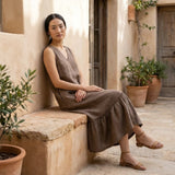 Brown Cotton-Linen A-Line V-Neck Sleeveless Maxi Tier Dress