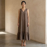 Brown Cotton-Linen A-Line V-Neck Sleeveless Maxi Tier Dress
