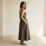 Brown Cotton Linen Ankle Length Flared Sundress