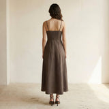 Brown Cotton Linen Ankle Length Flared Sundress