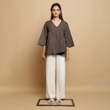 Brown Cotton Linen Asymmetrical V-Neck Godet Top