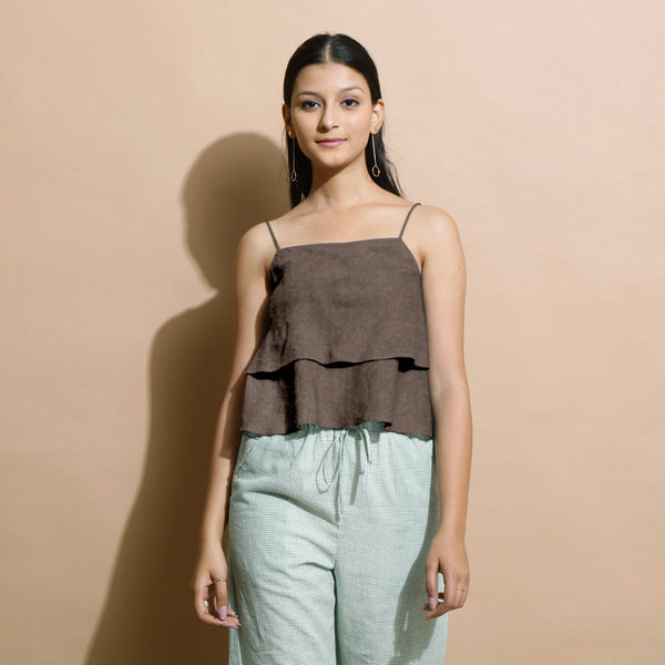 Brown Cotton Linen Camisole Crop Top