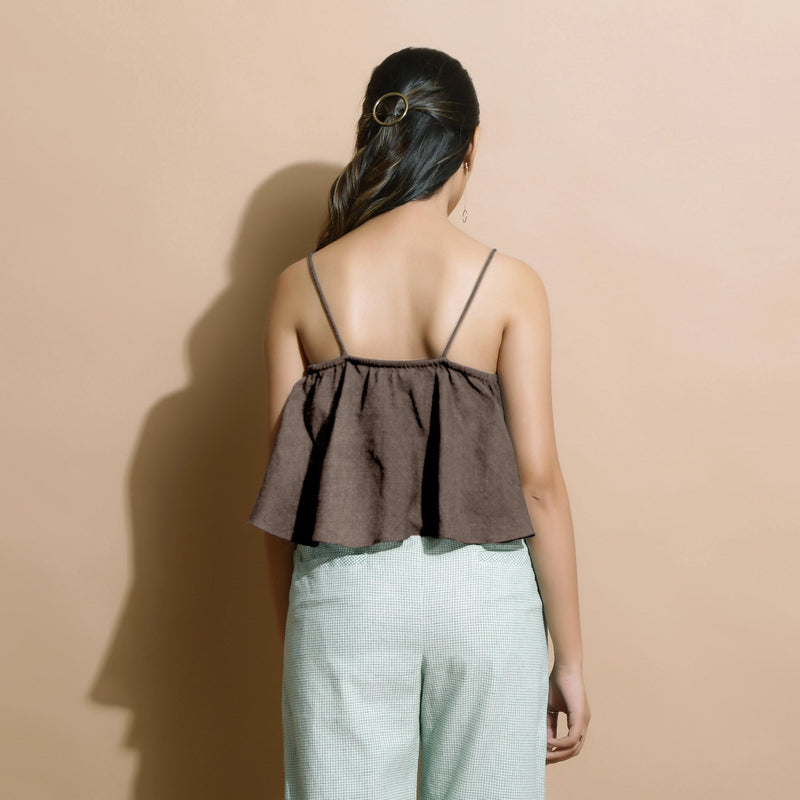Brown Cotton Linen Camisole Crop Top