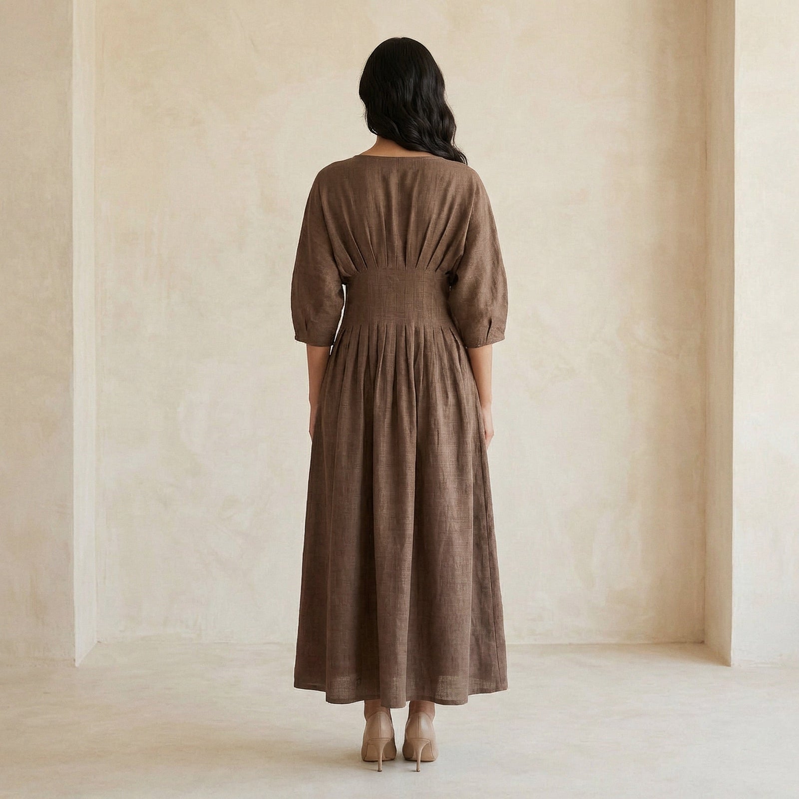 loose brown dress Cotton-Linen Cinched Waist Flared Maxi 68