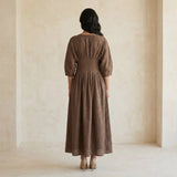 Brown Cotton-Linen Cinched Waist Flared Maxi Dress