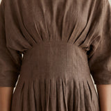 Brown Cotton-Linen Cinched Waist Flared Maxi Dress