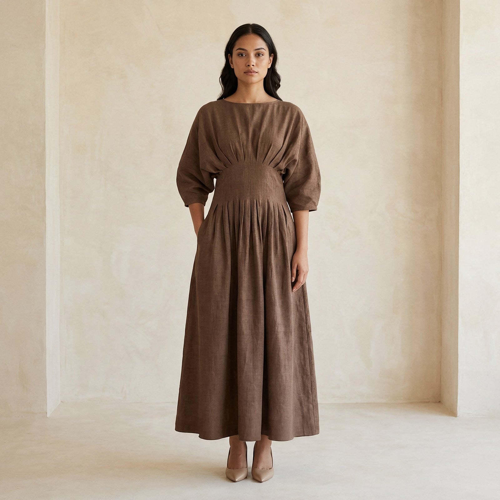 brown dress linen Cotton-Linen Cinched Waist Flared Maxi 68