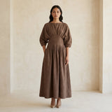 Brown Cotton-Linen Cinched Waist Flared Maxi Dress