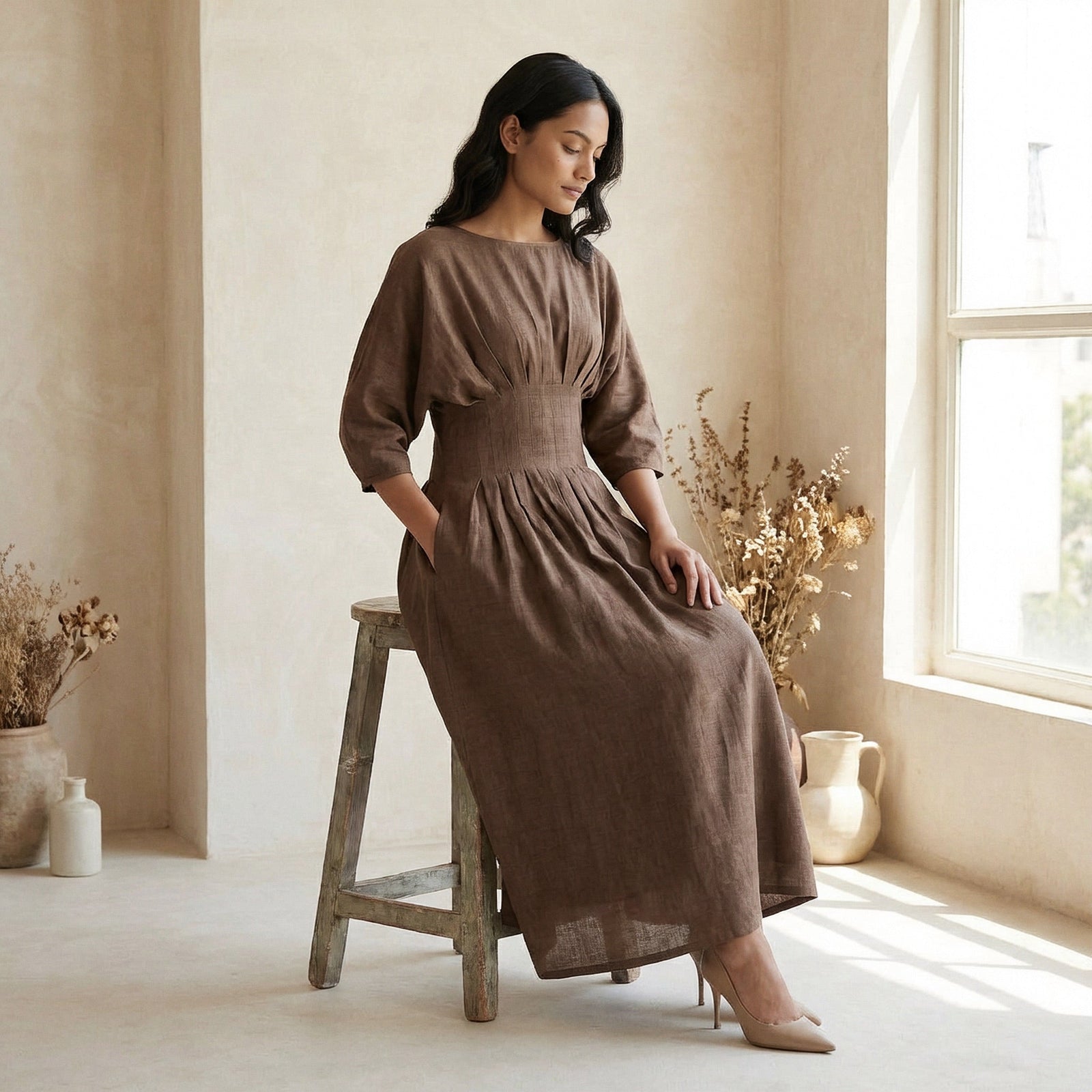 linen brown dress Cotton-Linen Cinched Waist Flared Maxi 68