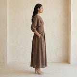 Brown Cotton-Linen Cinched Waist Flared Maxi Dress