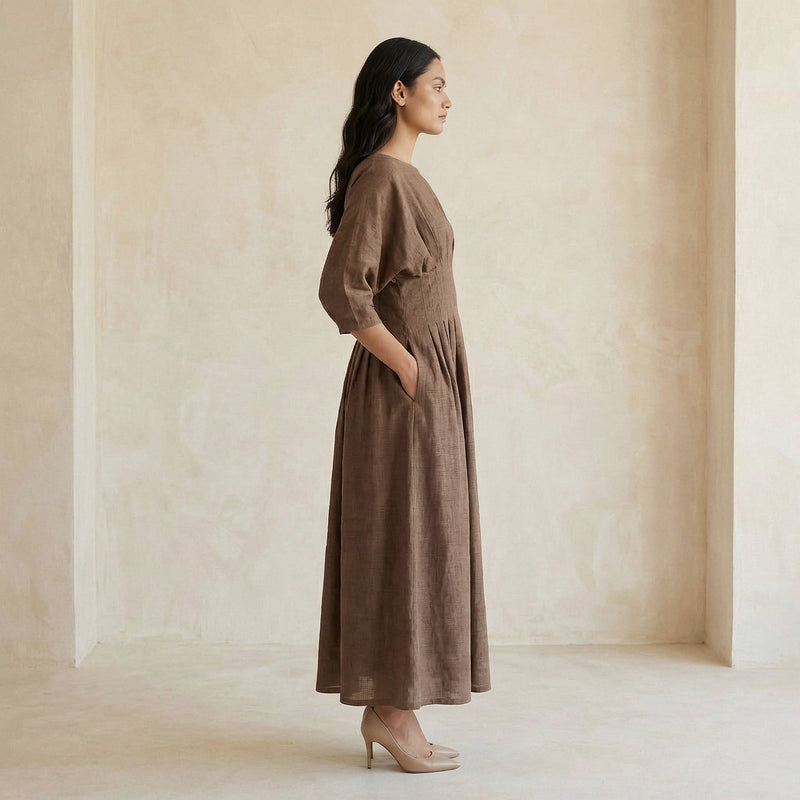 Brown Cotton-Linen Cinched Waist Flared Maxi Dress 68