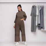 Brown Cotton Linen Comfort Fit High Neck Jumpsuit