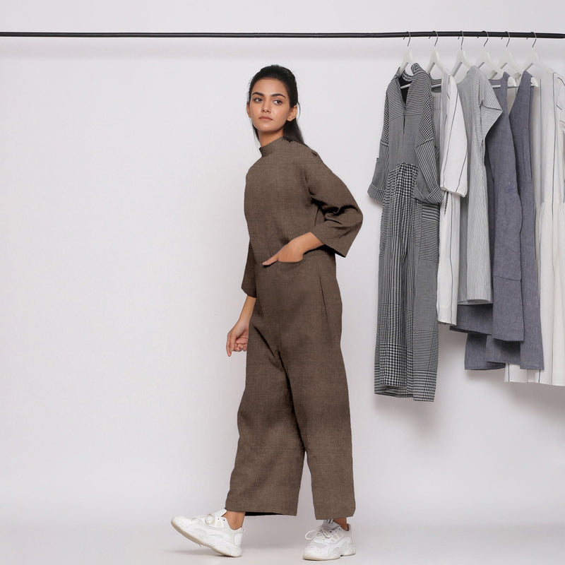 Brown Cotton Linen Comfort Fit High Neck Jumpsuit