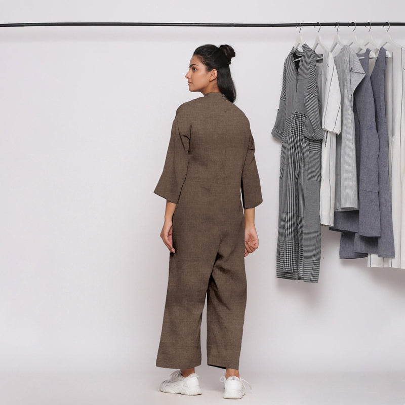 Brown Cotton Linen Comfort Fit High Neck Jumpsuit