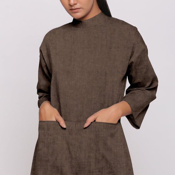 Brown Cotton Linen Comfort Fit High Neck Jumpsuit