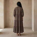 Brown Cotton Linen Deep-V Maxi Tier Dress