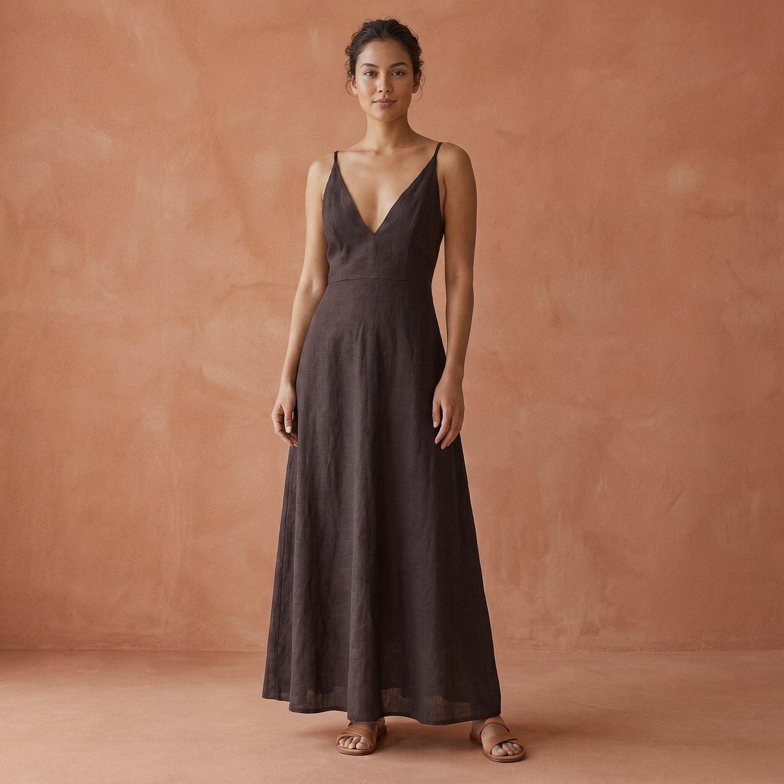 v neck linen maxi dress Brown Cotton Deep V-Neck Cami 54