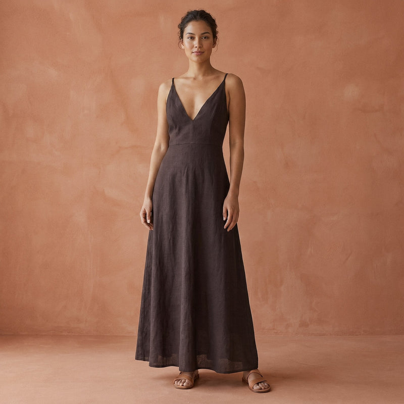 cami dress cotton Brown Linen Deep V-Neck Maxi 54