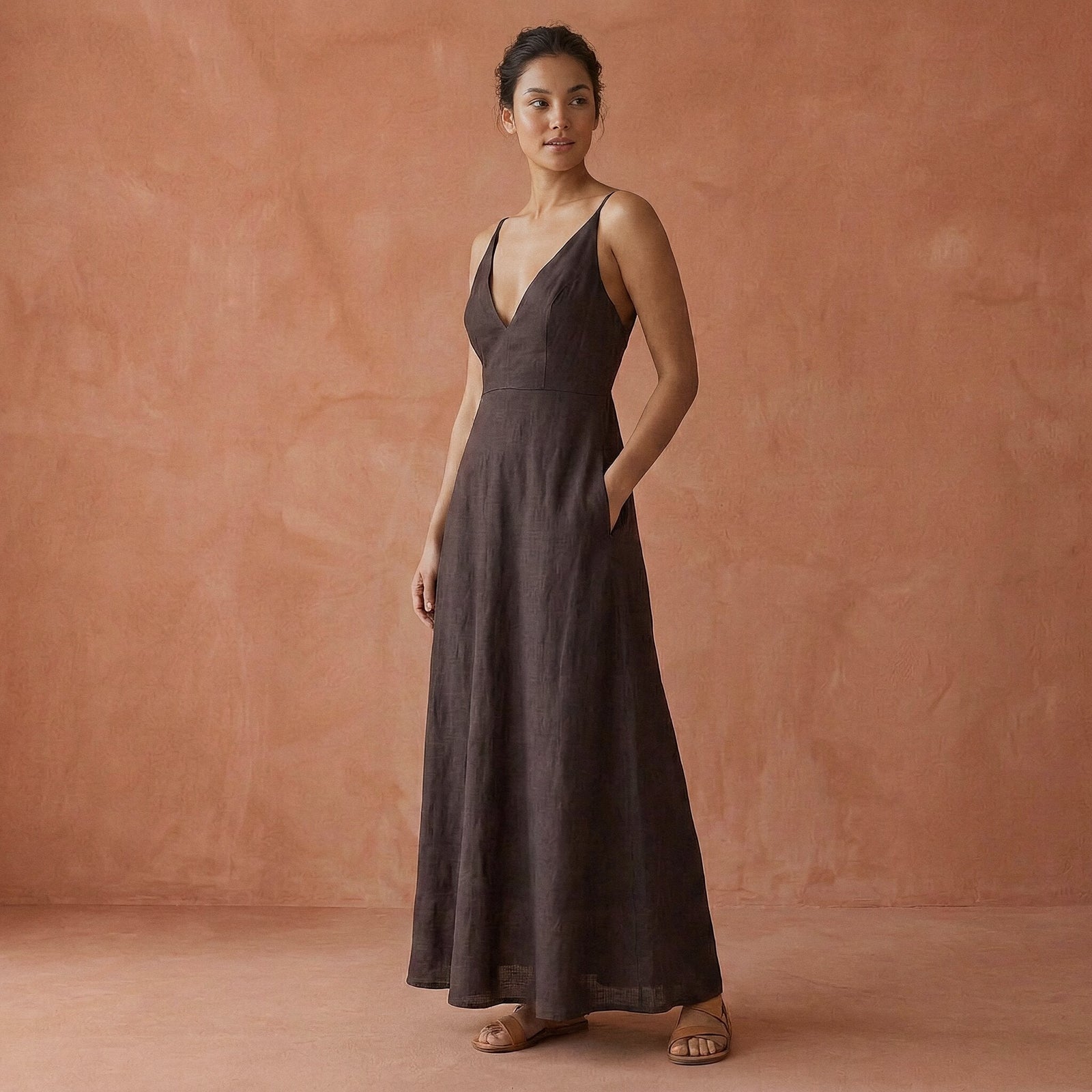 linen dress v neck Brown Cotton Deep V-Neck Cami Maxi 54