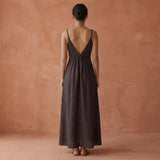 Brown Cotton Linen Deep V-Neck Cami Maxi Dress