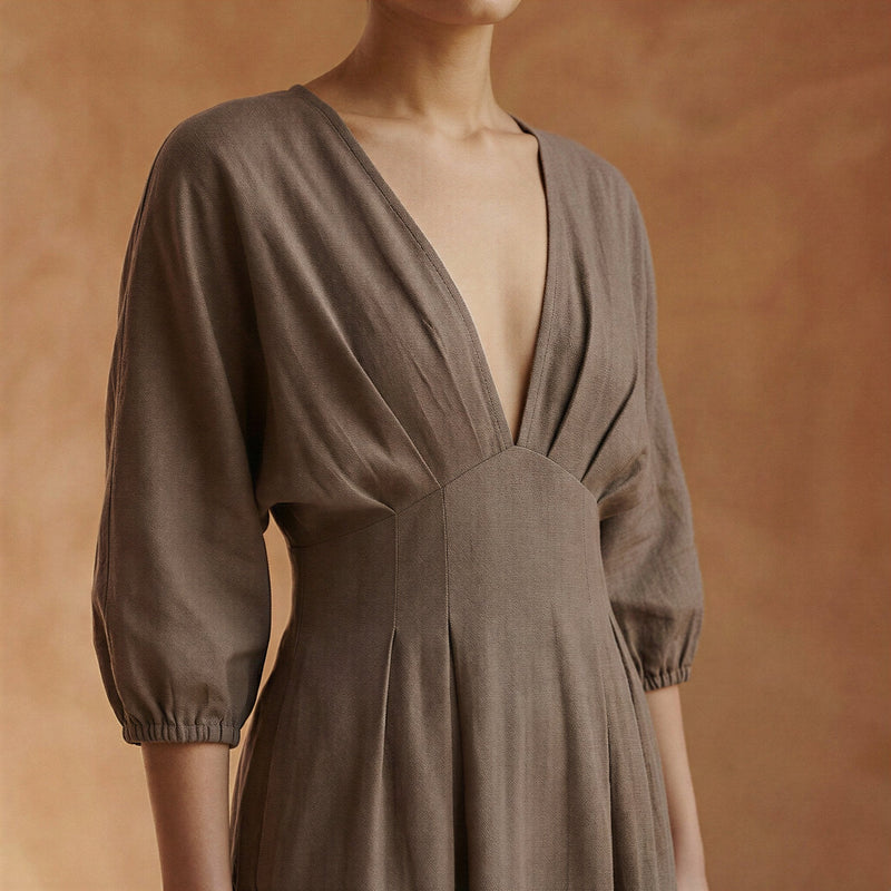 cotton empire dresses Navy Blue Cotton-Linen Deep-V Neck Empire Waist Maxi Dress Custom Size (Free) / Petite (5'1" and below)