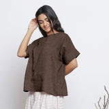 Brown Cotton Linen Drop Shoulder Sleeves Yoked Top