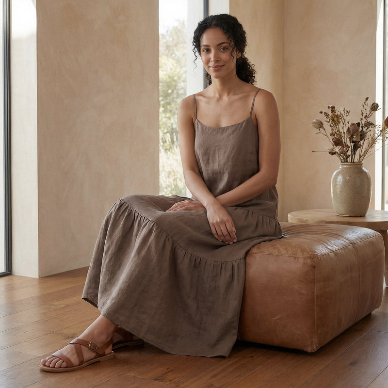 brown camisole dress Brown Cotton Linen Drop-Waist Camisole Maxi Tier Dress 70