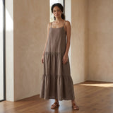 Brown Cotton Linen Drop-Waist Camisole Maxi Tier Dress