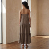 Brown Cotton Linen Drop-Waist Camisole Maxi Tier Dress