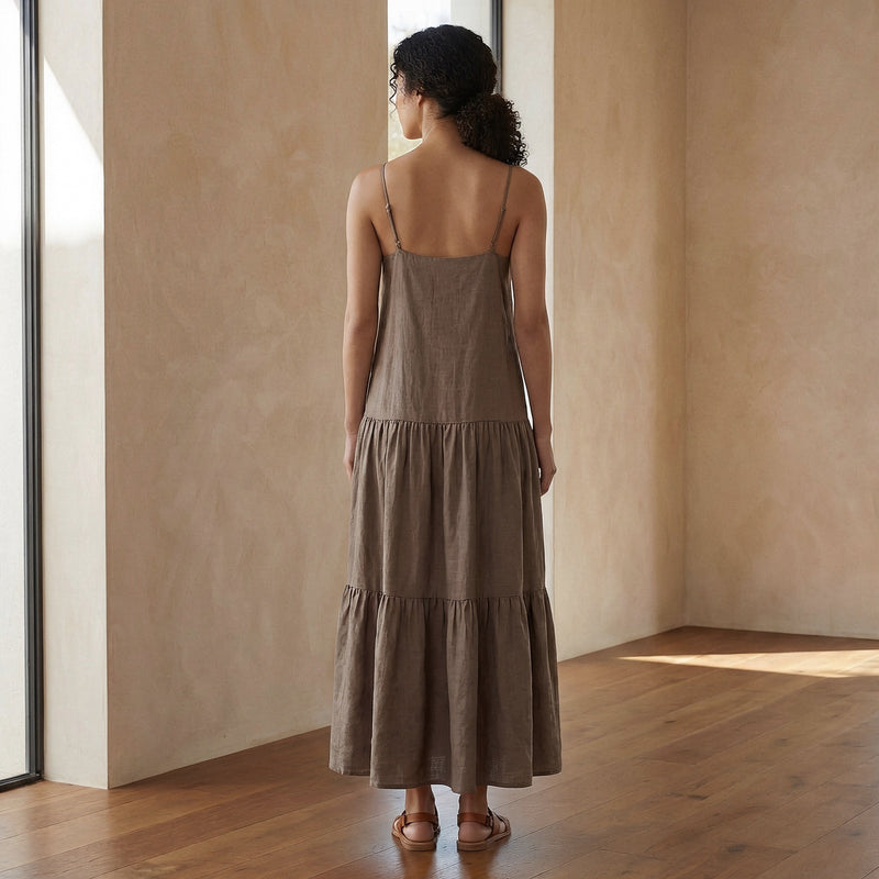 Brown Cotton Linen Drop-Waist Camisole Maxi Tier Dress 70