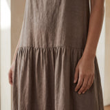 Brown Cotton Linen Drop-Waist Camisole Maxi Tier Dress