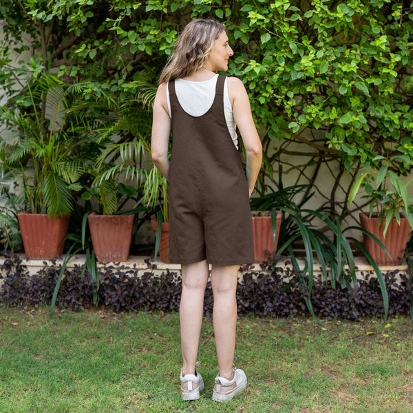 Brown Cotton Linen Dungaree Playsuit