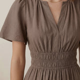 Brown Cotton Linen Elasticated Short Tier Dress