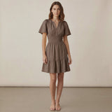 Brown Cotton Linen Elasticated Short Tier Dress