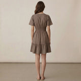 Brown Cotton Linen Elasticated Short Tier Dress