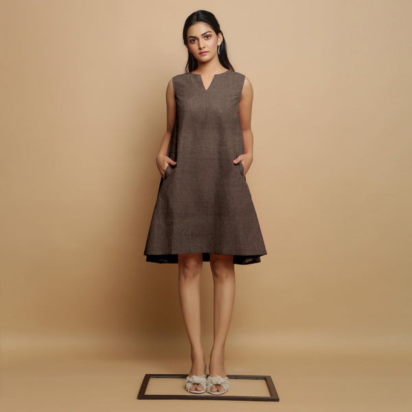 Brown Cotton Linen Embroidered Knee-Length Godet Dress