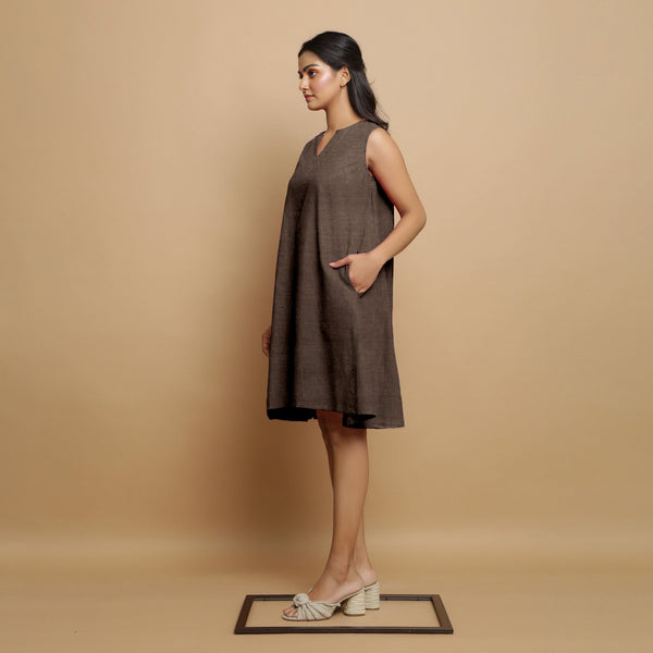 Brown Cotton Linen Embroidered Knee-Length Godet Dress