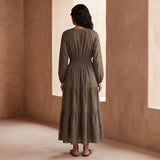 Brown Cotton Linen Fit and Flare Maxi Tier Dress