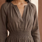 Brown Cotton Linen Fit and Flare Maxi Tier Dress