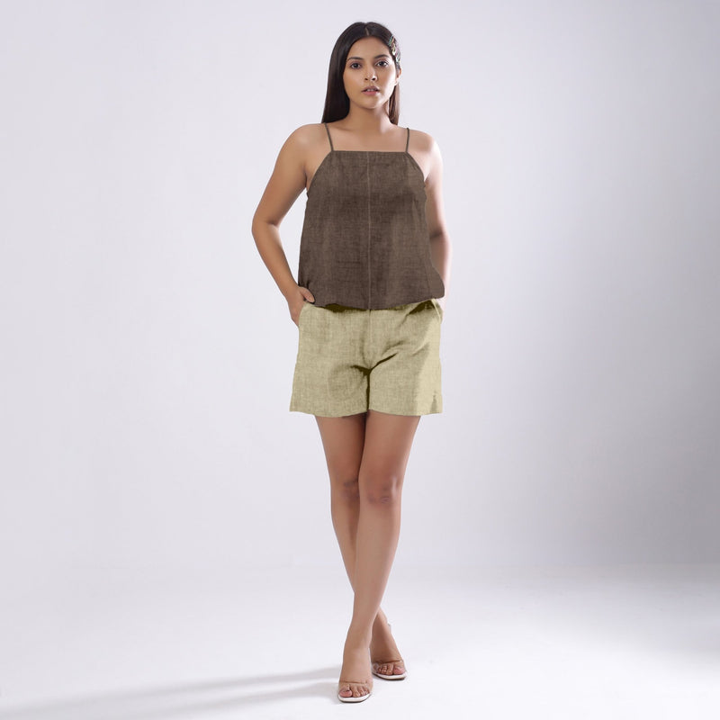 Brown Cotton Linen Flared Camisole Top