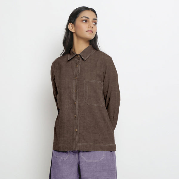 Brown Cotton Linen Full Sleeve Button-Down Shirt