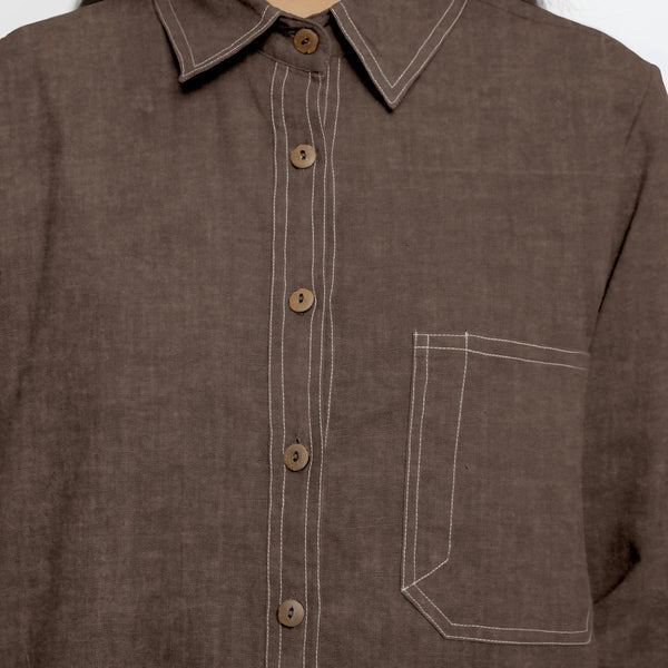 Brown Cotton Linen Full Sleeve Button-Down Shirt