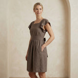 Brown Cotton Linen Open-Back Fit and Flare Knee Length Dress