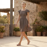 Brown Cotton Linen Open-Back Fit and Flare Knee Length Dress