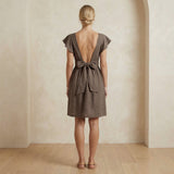 Brown Cotton Linen Open-Back Fit and Flare Knee Length Dress
