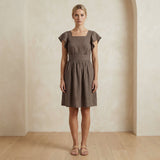 Brown Cotton Linen Open-Back Fit and Flare Knee Length Dress