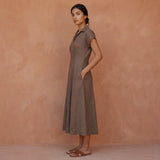 Brown Cotton Linen Paneled A-Line Midi Dress